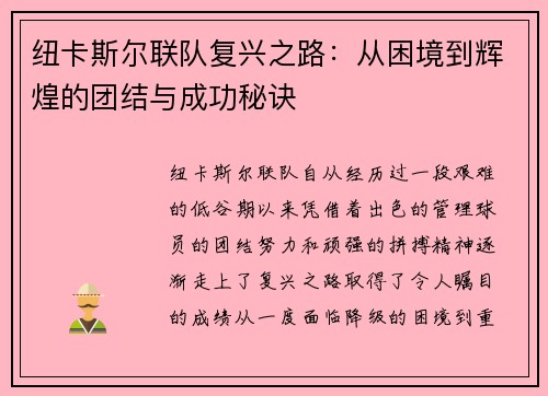 纽卡斯尔联队复兴之路：从困境到辉煌的团结与成功秘诀